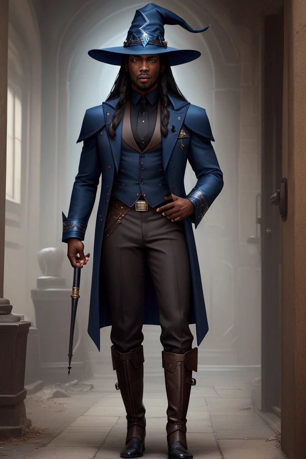 wizard hat, black with, handsome man, shoulder length hair, blue jacket, brown pants, black men's boots