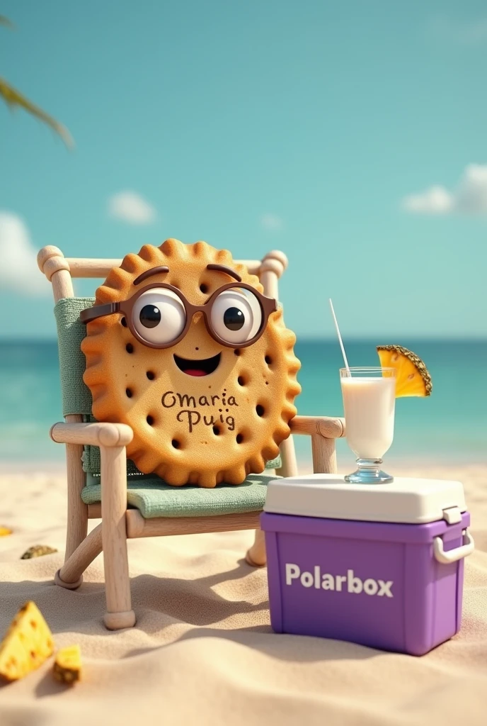 A cookie sitting on the beach in a chair, The cookie has Maria Puig written on it, It is a thin cookie with a small hole and a baked circle., the cookie has glasses, There is a glass of milk next to him, The glass of milk is decorated with pineapple pieces, and has a purple cooler or cooler next to it and has polarbox written in white letters