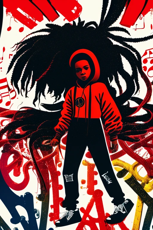 A background filled with scattered musical notes in various sizes and colors、

Creative logo illustration of a silhouette with dreadlocks and red headphones, 
Banksy、
A background completely filled with scattered musical notes in various sizes and colors, covering the entire screen.

beautiful girl colorful image

Dance hiphop Dance CREW  Waacking Dance

Punking 

black medium hair black medium hair 

Five fingers Baggy clothes Baggy clothes