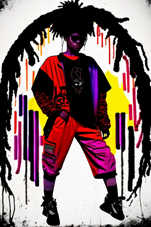 A background filled with scattered musical notes in various sizes and colors、

Creative logo illustration of a silhouette with dreadlocks and red headphones, 
Banksy、
A background completely filled with scattered musical notes in various sizes and colors, covering the entire screen.

beautiful girl colorful image

Dance hiphop Dance CREW  Waacking Dance

Punking 

black medium hair black medium hair 

Five fingers Baggy clothes Baggy clothes