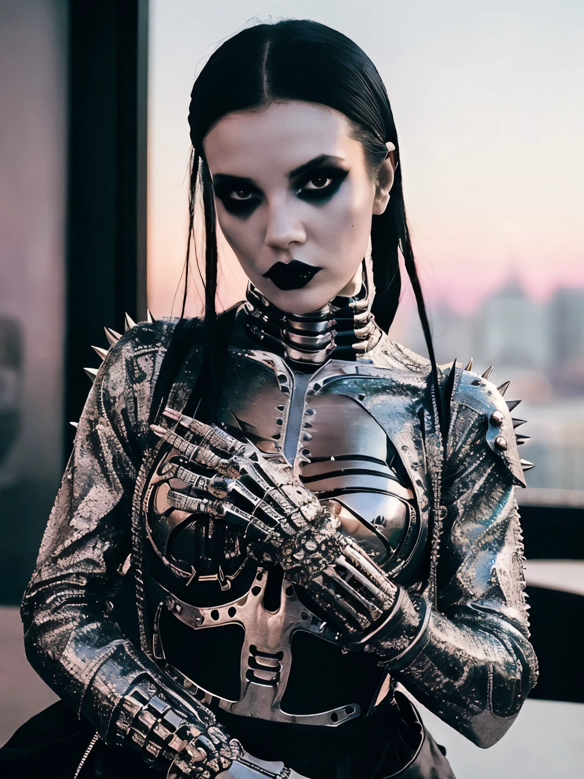 Wearing a skeleton costume、Young beautiful woman, The Future of Techwear, Working in an American Diner, Metal album cover art, cyborg, Goth girl aesthetics, Clear Skin, Snake Texture, Temple, Pastel Goth Aesthetic, 2029, Spikes in the skin