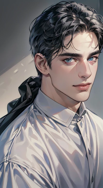 (best quality,4k,8k,highres,masterpiece:1.2),ultra-detailed,(realistic,photorealistic,photo-realistic:1.37),1 man,3,mature man,very handsome,without expression,smile,short grey black hair,blue eyes,penetrating gaze,perfect face without errors,imposing posture,businessman,office background,cinematic lighting,hdr image
