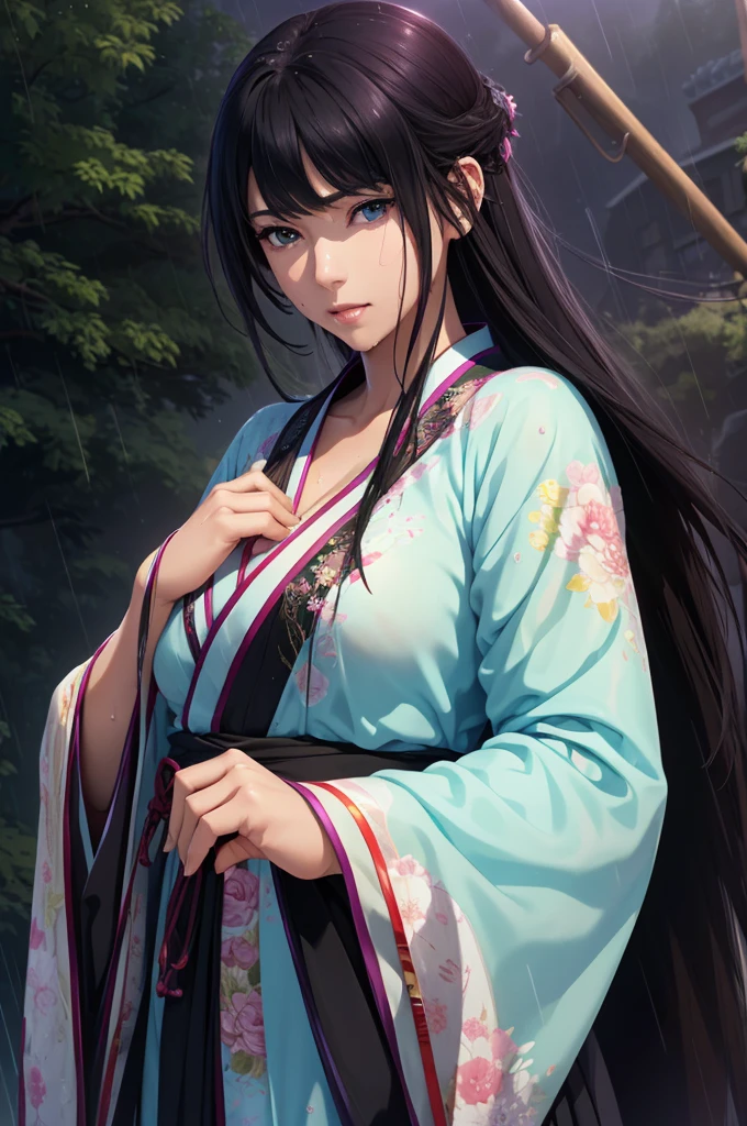 Heavy rain background、Field、in the forest、Walking in the river、On the run、In the fog、war (Highest quality,4K,8k,High resolution,masterpiece:1.2), Very detailed, (Realistic,Realistic,Realistic:1.37), High resolution, Hyper HD, Studio Lighting, Ultra-fine painting, Sharp focus, Physically Based Rendering, Very detailed説明, Professional, Vibrant colors, Bokeh, Sports Late Night, Ancient War Landscapes, Traditional Chinese Painting Techniques, Atmospheric lighting, Vivid color contrast, Ethereal atmosphere,Very detailed目と顔, Beautiful attention to detail, Light on the face,豪華なHanfu (Hanfu: 1.1),My whole body is wet、My clothes are wet and transparent、Nipples are visible、The nipples are pale pink、Dynamic pose、Rain clouds spreading across the sky、Heavy rain weather、Pouring rain、Wind and rain storm、((Soaked skin from head to toe))、((Rain-soaked clothes(Rain dripping from clothes))、((The lines of your body are clearly visible through your wet clothes...))、、Eye color: black、Tired look、Disheveled clothing、Slim figure、Small breasts