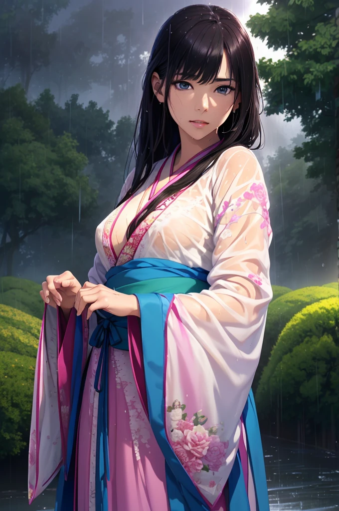 Heavy rain background、Field、in the forest、Walking in the river、On the run、In the fog、war (Highest quality,4K,8k,High resolution,masterpiece:1.2), Very detailed, (Realistic,Realistic,Realistic:1.37), High resolution, Hyper HD, Studio Lighting, Ultra-fine painting, Sharp focus, Physically Based Rendering, Very detailed説明, Professional, Vibrant colors, Bokeh, Sports Late Night, Ancient War Landscapes, Traditional Chinese Painting Techniques, Atmospheric lighting, Vivid color contrast, Ethereal atmosphere,Very detailed目と顔, Beautiful attention to detail, Light on the face,豪華なHanfu (Hanfu: 1.1),My whole body is wet、My clothes are wet and transparent、Nipples are visible、The nipples are pale pink、Dynamic pose、Rain clouds spreading across the sky、Heavy rain weather、Pouring rain、Wind and rain storm、((Soaked skin from head to toe))、((Rain-soaked clothes(Rain dripping from clothes))、((The lines of your body are clearly visible through your wet clothes...))、、Eye color: black、Tired look、Disheveled clothing、Slim figure、Small breasts