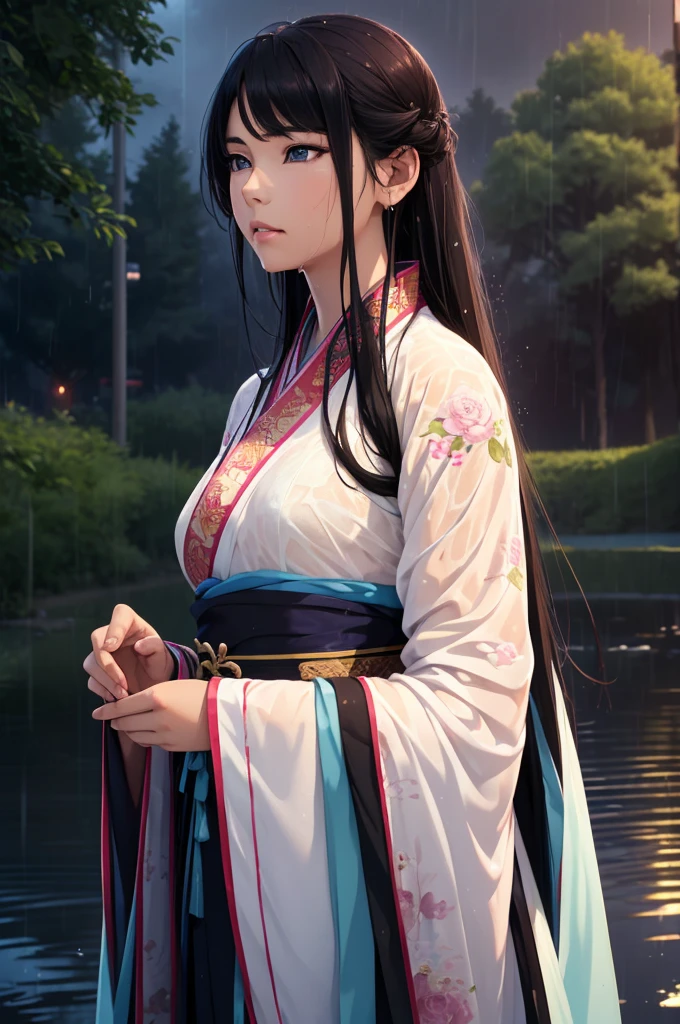 Heavy rain background、Field、in the forest、Walking in the river、On the run、In the fog、war (Highest quality,4K,8k,High resolution,masterpiece:1.2), Very detailed, (Realistic,Realistic,Realistic:1.37), High resolution, Hyper HD, Studio Lighting, Ultra-fine painting, Sharp focus, Physically Based Rendering, Very detailed説明, Professional, Vibrant colors, Bokeh, Sports Late Night, Ancient War Landscapes, Traditional Chinese Painting Techniques, Atmospheric lighting, Vivid color contrast, Ethereal atmosphere,Very detailed目と顔, Beautiful attention to detail, Light on the face,豪華なHanfu (Hanfu: 1.1),My whole body is wet、My clothes are wet and transparent、Nipples are visible、The nipples are pale pink、Dynamic pose、Rain clouds spreading across the sky、Heavy rain weather、Pouring rain、Wind and rain storm、((Soaked skin from head to toe))、((Rain-soaked clothes(Rain dripping from clothes))、((The lines of your body are clearly visible through your wet clothes...))、、Eye color: black、Tired look、Disheveled clothing、Slim figure、Small breasts