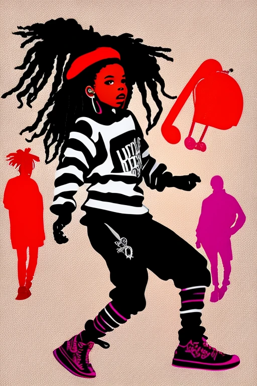 A background filled with scattered musical notes in various sizes and colors、
Creative logo illustration of a silhouette with dreadlocks and red headphones,
Banksy、
A background completely filled with scattered musical notes in various sizes and colors, covering the entire screen.
beautiful girl colorful image
Dance hiphop Dance CREW Waacking Dance
Punking
black medium hair black medium hair
Five fingers Baggy clothes Baggy clothes