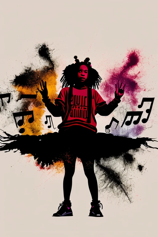 A background filled with scattered musical notes in various sizes and colors、

Creative logo illustration of a silhouette with dreadlocks and red headphones, 
Banksy、
A background completely filled with scattered musical notes in various sizes and colors, covering the entire screen.

beautiful girl colorful image

Dance hiphop Dance CREW  Waacking Dance

Punking 

black medium hair black medium hair 

Five fingers Baggy clothes Baggy clothes