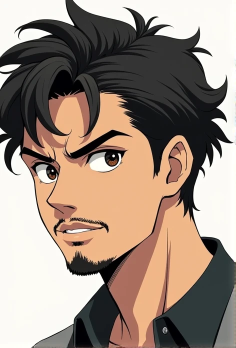 Anime Man of medium height, just from the waist up, curly hair, looking straight ahead, goatee and mustache. image without background