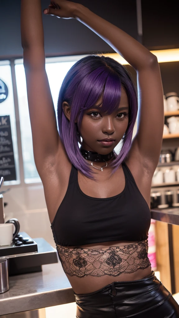 Futuristic Girl,
((((  Dark Skin:1.2 )))) , Purple eyes, space, Purple Hair, Blue Hair, Pink Hair, Long Hair,  Futuristic Coffee Shop,((( arms up )))