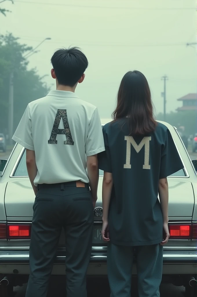 Subrealistic Korean couple with a modern car and initials A female and M male on their shirts