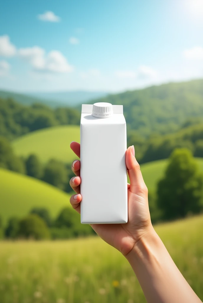 An image showing a hand holding a white juice carton and the countryside in the background