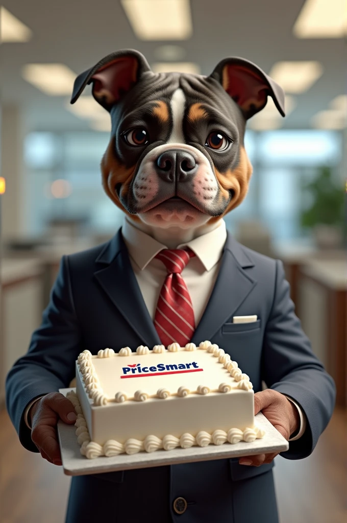 Can you create me an image of an American Bully puppy in a suit and tie carrying a square cake and on the cake that says PriceSmart and