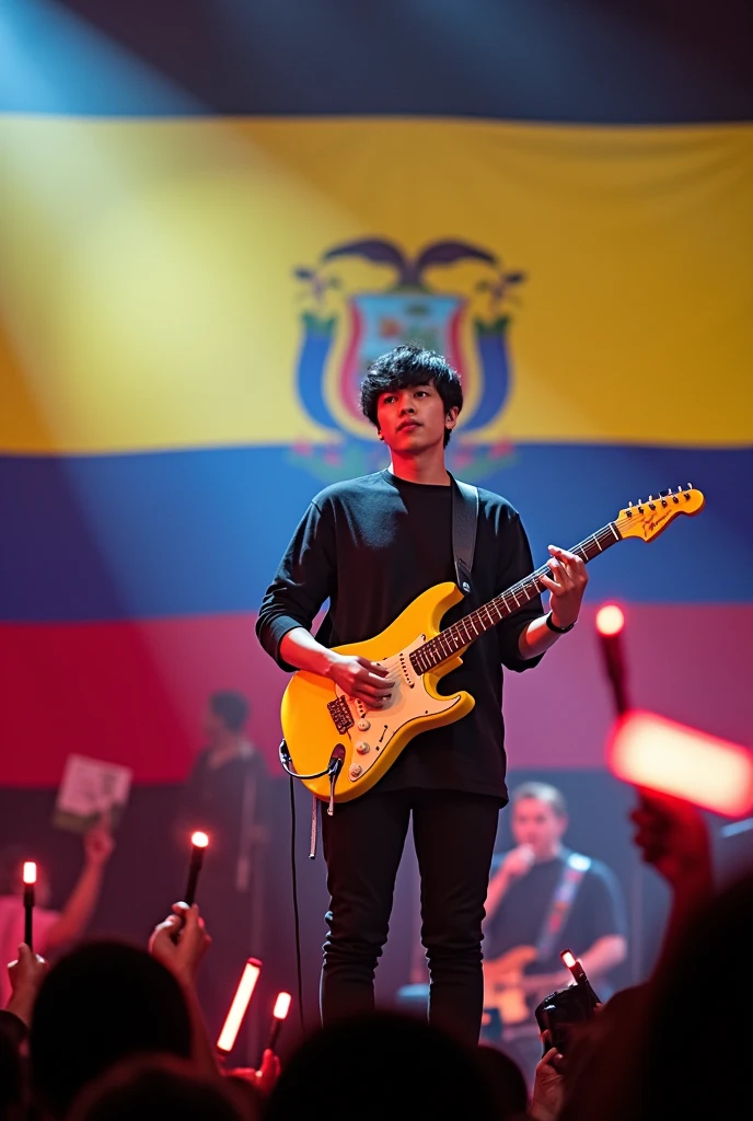 Suga from bts on stage with a yellow guitar and in the background with the flag of Ecuador and the public with the armybomb