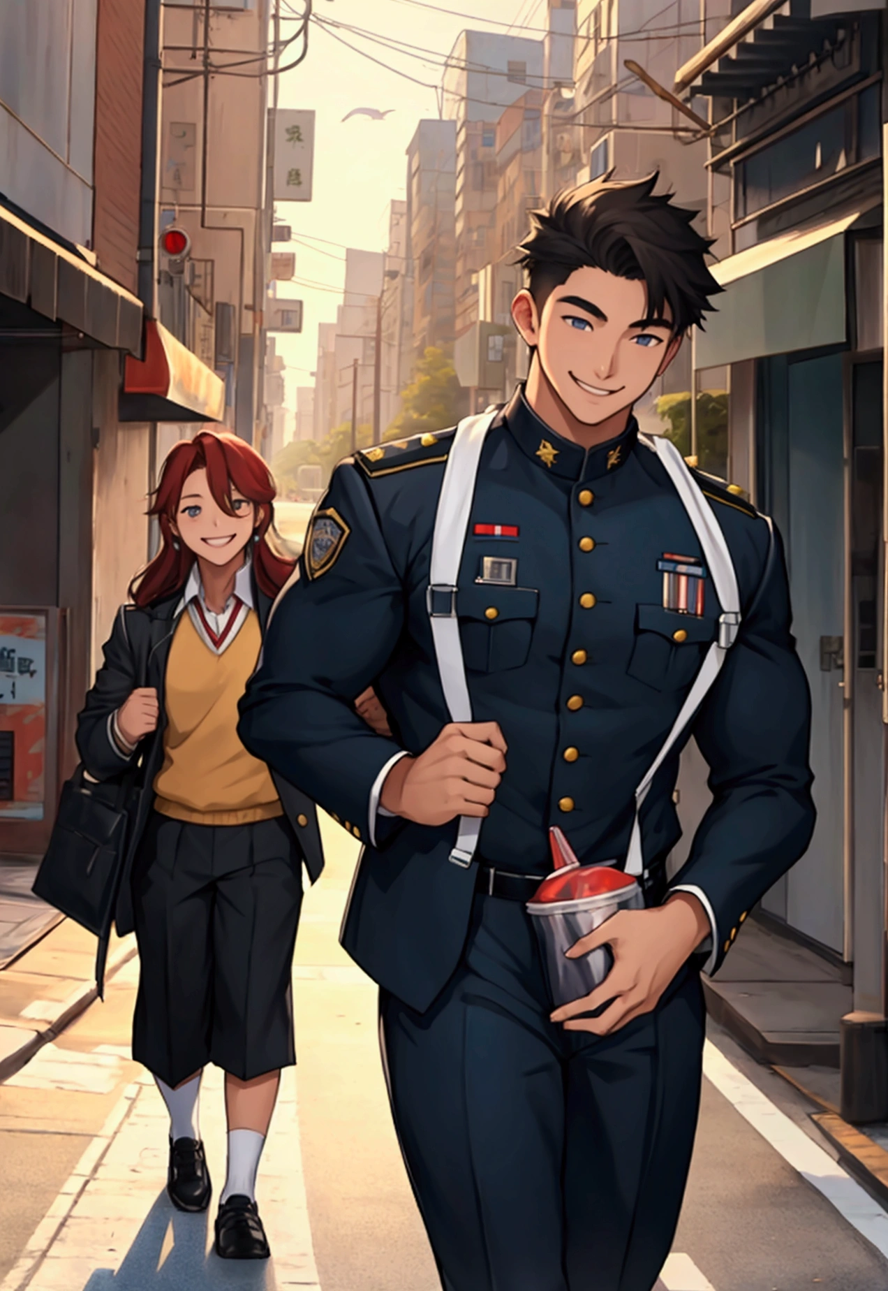 A high school boy returning from club activities、4 people、Large muscular body、Happy Face、uniform、City roads