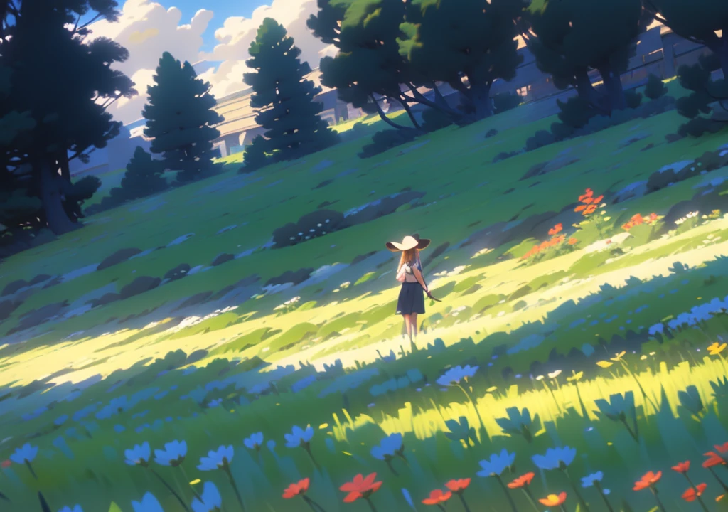 green fields, flowers in the fields, beautiful flowers, warm breeze, sunlight on the fourth wall, sunset