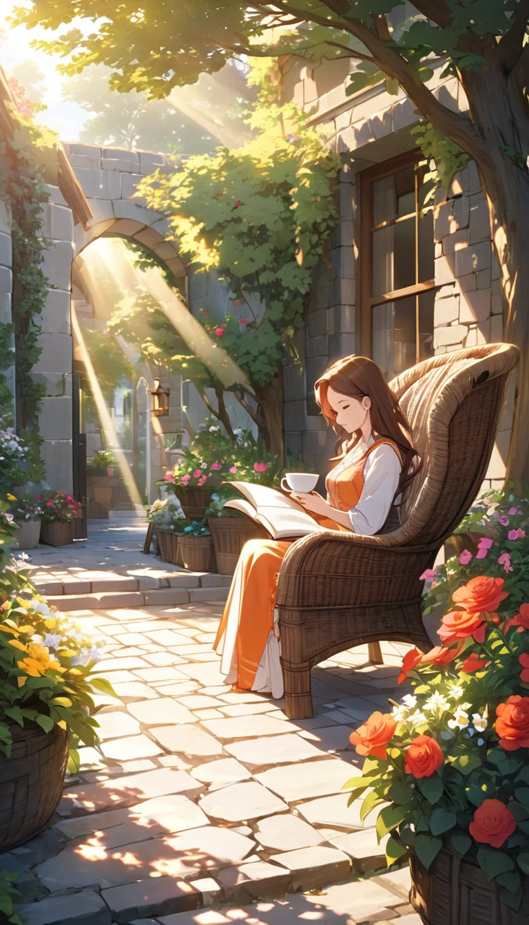 early morning,Sunlight spills into the courtyard.Flowers and trees grow luxuriantly on the stone road.Hostess sitting in wicker chair reading.Enjoy coffee and sunshine.There&#39;s a big yellow dog lying next to him.It’s a comfortable and peaceful morning moment..masterpiece, best quality, Ultra-high resolution, (Very detailed), (1 Fair Girl), (abstract:1.4),Green, visually stunning,( perfect anatomy )