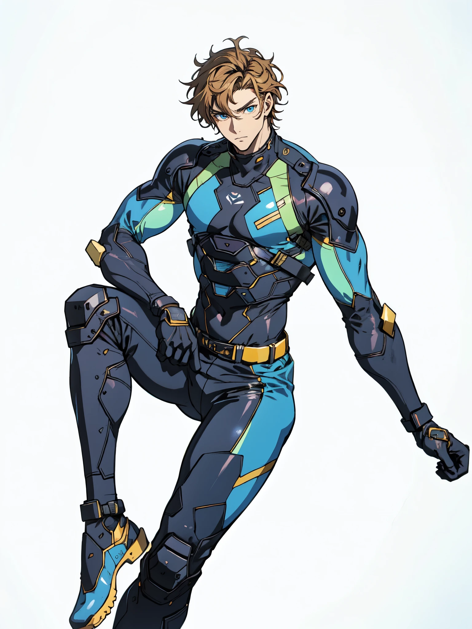 (masterpiece:1.2, best quality:1.2, extremely delicate:1.2), ((male:1.5)), a man with short slightly curly brown hair, a well-defined face, intense eyes, a thoughtful expression, brown skin, tall and athletic build, a futuristic fantasy-style blue and black short-sleeved tight-fitting wetsuit, matching trousers, wrist guards, he sits leisurely on a seaside rock, this character embodies a finely crafted futuristic fantasy-style swimmer in anime style, exquisite and mature art style, dramatic, high definition, highres, ultra-detailed, ultra-fine painting, professional, perfect body proportions, golden ratio, anatomically correct, symmetrical face, extremely detailed eyes and face, high quality eyes, creativity, RAW photo, UHD, 32k, Natural light, cinematic lighting, (masterpiece-anatomy-perfect:1.2)