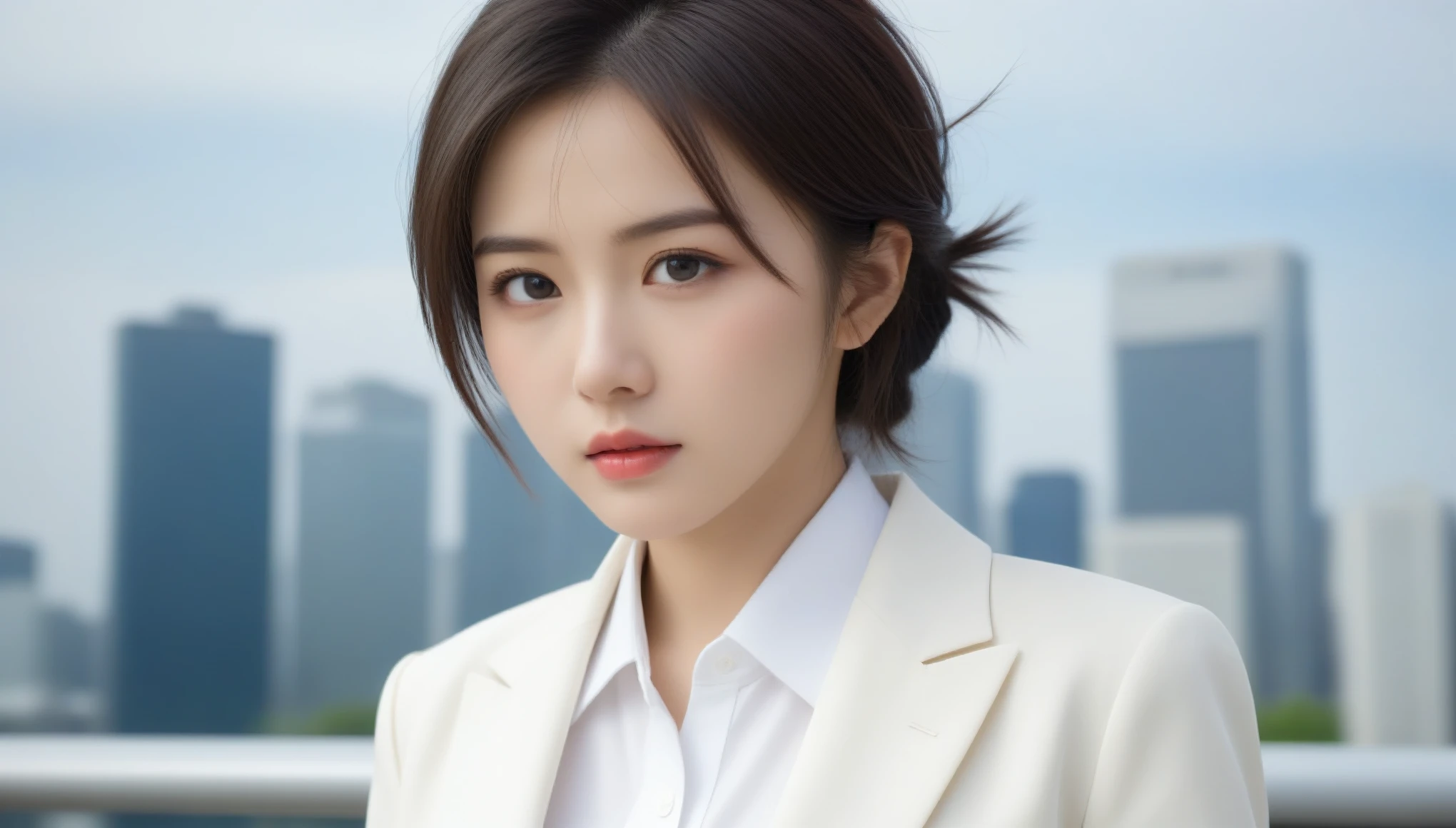 8k, Ultra-high resolution, Highest quality, masterpiece, 三分割法によるphotograph,Surreal, photograph, 1 , (:1.3), cute, cute顔, 細部までBeautiful Eyes, 細かくdetailedに,masterpiece,One Girl:1.2,Japanese women,Female announcer,cowboy shot,glaring,Black short hair,messy hair,from side,(White shirt:1.3),Blazer,Pencil Skirt,Rooftop,white collar,blue sky,Background of skyscrapers,(Beautiful attention to detail),Subtle details, detailedな顔,anger,Attractive eyes,(ポートレートphotograph:1.4),(Photorealistic images:1.4),Fantasy art,(Beautiful Face:1.4),美しくAttractive eyes、Beautiful Eyes,Silver residue,(Tight waist:1.4)、(Beautiful with perfect body proportions:1.4),Pink Lips,profile,(((Ideal body type))),A-cup small breasts :2,、Portraiture:2、Perfect Anatomy、鮮明なdetailed、detailed,Fashion magazine cover,Thin lips,完璧でBeautiful Face ,完璧でcute顔, Skin with attention to detail, Perfect limbs、Narrow waist,Surreal,Light and shadow,sunlight