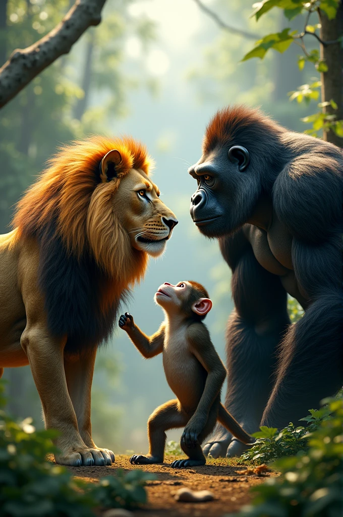 a lion , a gorilla and a monkey