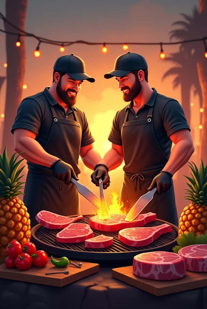 Create a professional logo  ,  with barbecue theme on the grill , special roast meat cuts  , two people , de avental preto , gloves and caps , two male friends in 3D drawing , one of the two chubby brothers , a little less realistic , feed the barbecue , and put pineapple and peppers , lots of embers and fire more meat more meat more meat 