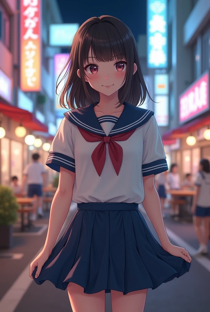An incredibly cute girl,super cute girl、Caucasian skin、(Wearing a sailor uniform)、 professional lighting、Tokyo Street,natta, urban landscape,city lights,trunk,Close up,ssmile,, (8k, RAW Photos, highest quallity, work of art:1.2),(realisitic, photo-realisitic:1.37),Lift up your skirt dress、Panties are visible、
