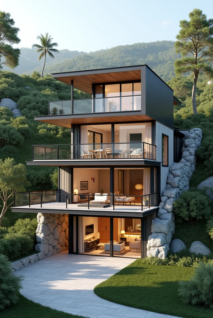 Create a digital model of a two-story house step by step that shows inside and out without letters