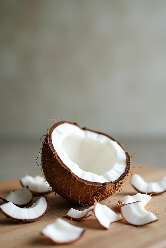A photo of an open coconut with coconut flakes next to it