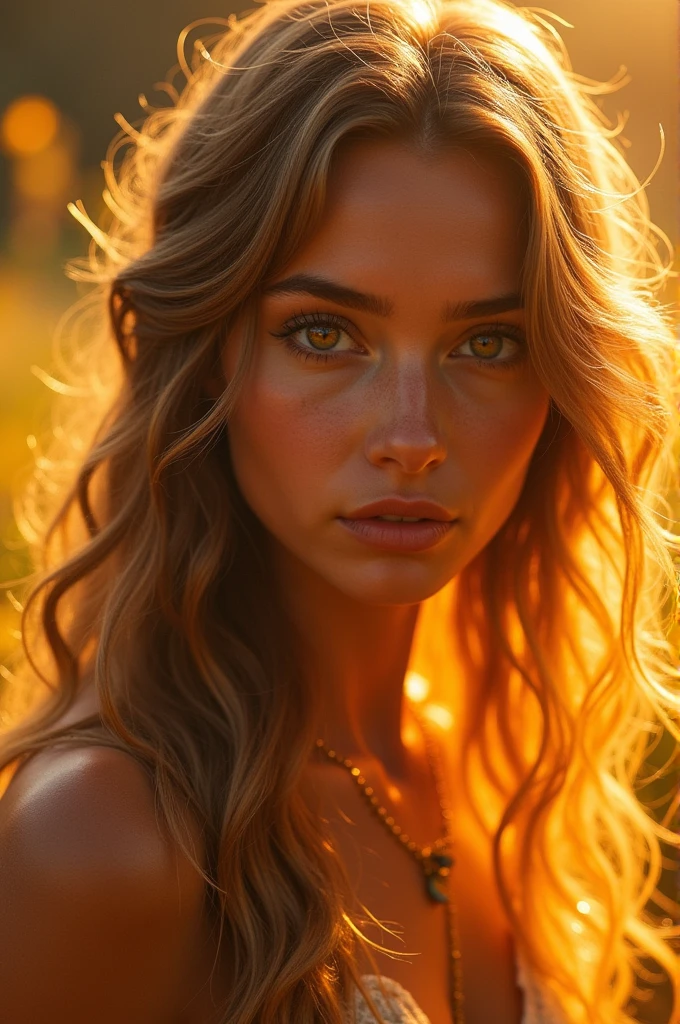 Mystical goddess of the sun with light brown hair, clear brown eyes, flashes of gold