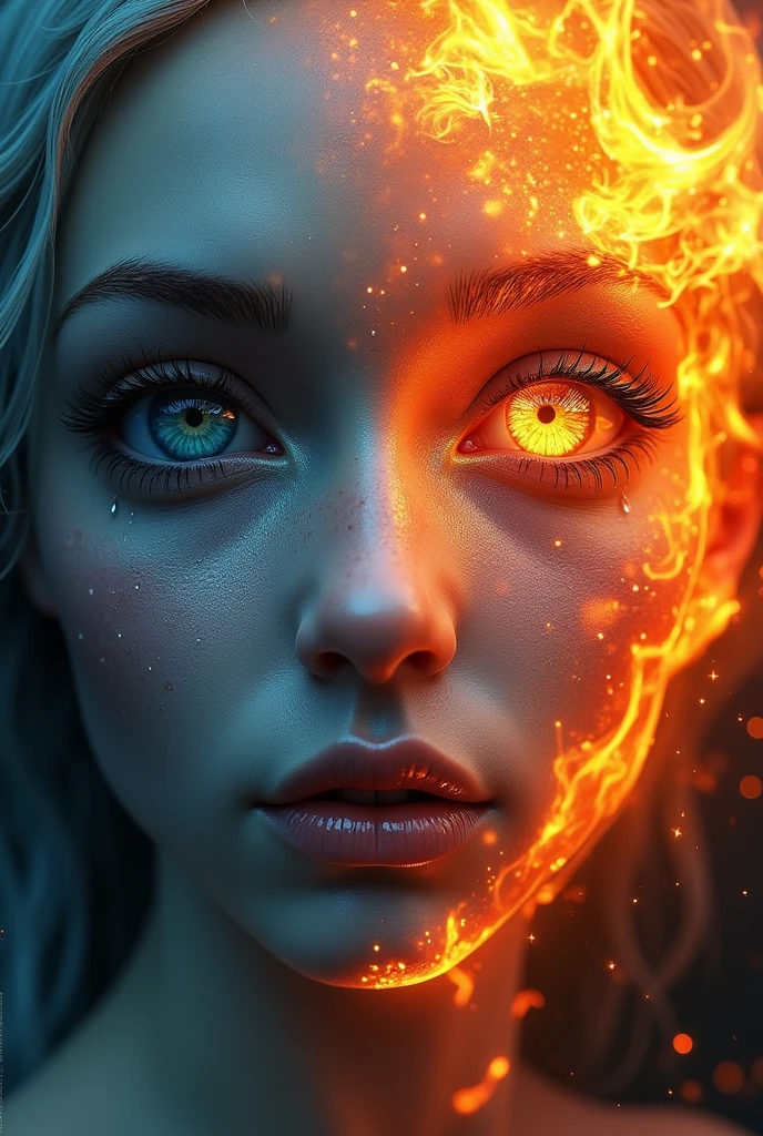 The Face of Creation and Destruction: In an eternal cycle, a face creates and destroys, one eye shedding tears that become worlds of beauty and light, the other crying flames that incinerate and consume, representing the dual forces of creation and destruction. Settings: Ultra-detailed 3D art, Octane Render, 'kimoxko' 32K UHD