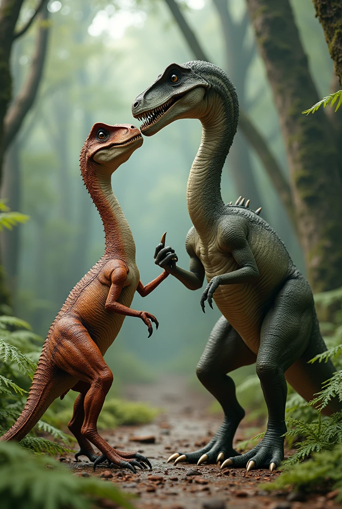 Make a velociraptor shaking hands with a branchiosaur
