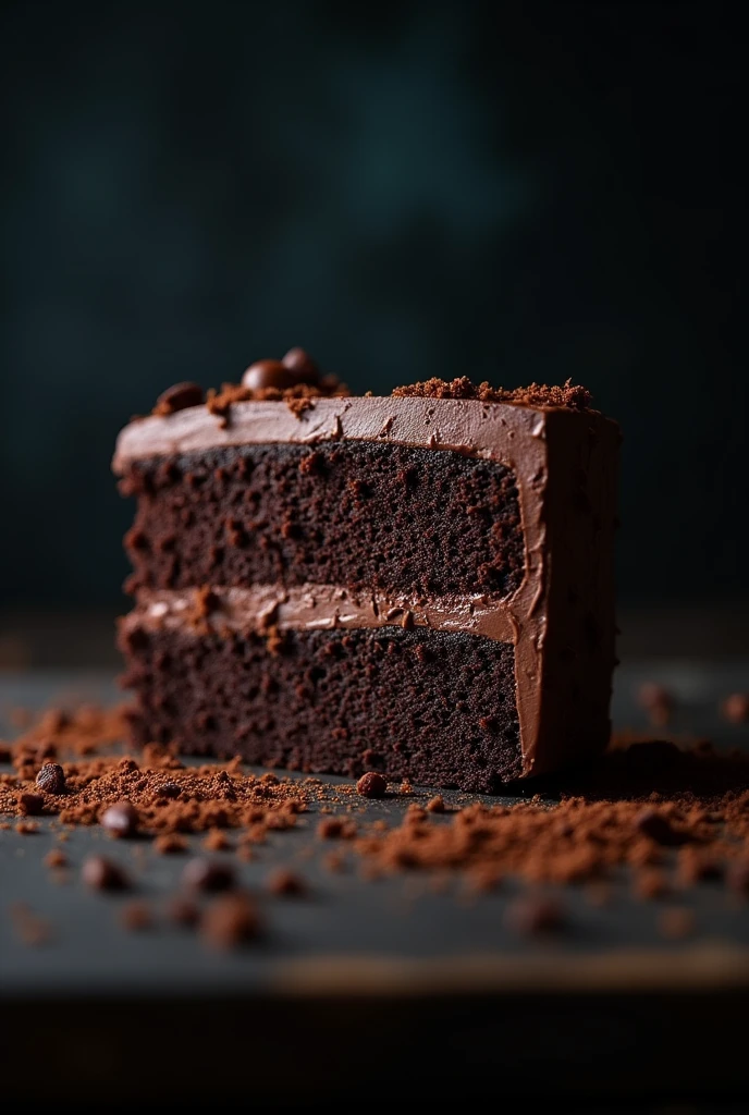 cinematic film still chocolate, chocolate cake, dark background, quality photo, moist texture, frosting, studio photo, slice . shallow depth of field, vignette, highly detailed, high budget, bokeh, cinemascope, moody, epic, gorgeous, film grain, grainy, sexy and naked body