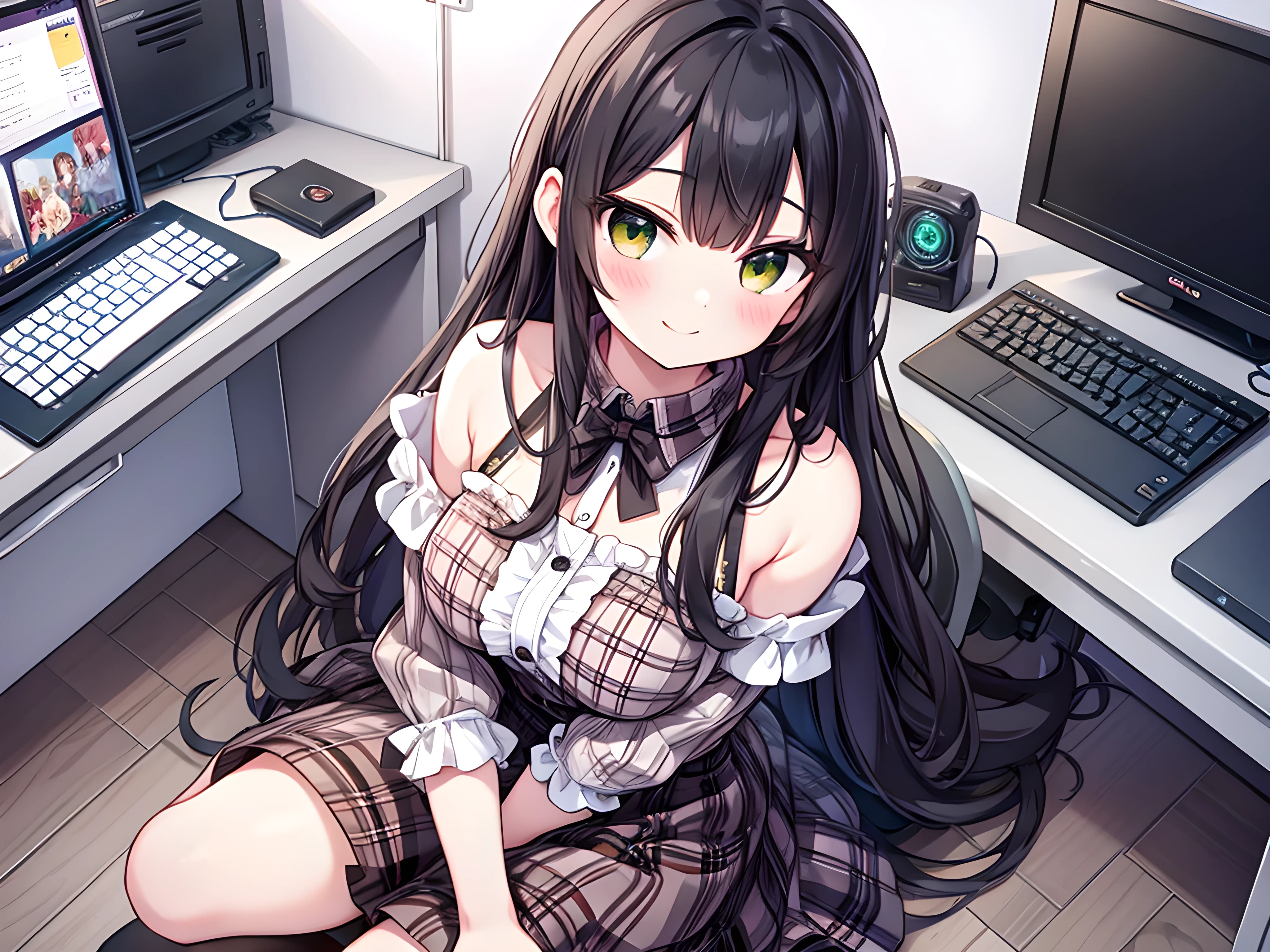 nsfw, Ultimate Detailed, Dimensional effect, perspective, perfect depiction of girl, perfect anatomy, perfect realistic hair, perfect realistic skin, perfect positional relationship, from right above, 1girl, curious, tomboyish, rustic, long hair, black hair, swept bangs, brown eyes, small to glowing breasts, shirt dress, green plaid dress, dress buttons, button gap, sliped off shoulder dress, rabbit slippers, blush, smile, bend down, hands wrapped around thighs, legs together, indoors, summer vacation, wide gaming desk, forth desk legs, computer, monitor, keyboard (computer), mouse (computer), mouse pad, gaming chair, sitting chair, wooden floor, wall, ai-assisted,