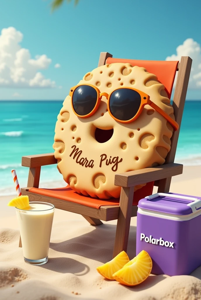 A cookie sitting on the beach in a chair, The cookie has Maria Puig written on it, It is a thin cookie with a small hole and a baked circle., the cookie has sunglasses, There is a glass of milk next to him, The glass of milk is decorated with pineapple pieces, and has a purple cooler or cooler next to it and has polarbox written in white letters