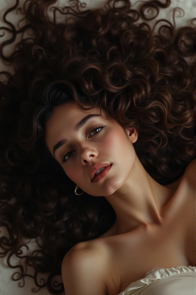A woman with curly hair lying down. This curly hair fills the entire screen and she herself