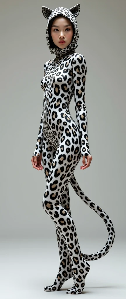 A most beautiful and thin chinese contortion girl wearing a glasses wears white leopard Lycra footed turtleneck unitard catsuit covered with seamless black leopard paterns with a leopard tail.She always wear leopard Lycra dancewear hijab-like hood with ears.She has beautiful cheeks on her face.She is my pet animal but looks like a pet animal.




