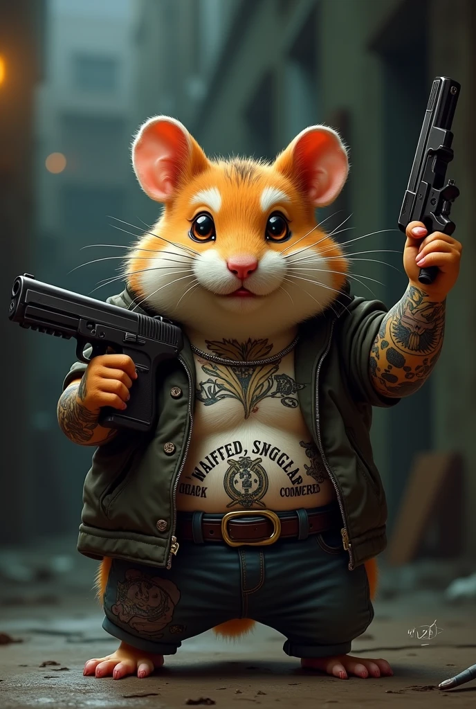 A hamster as a gangster with a gun and tattoos, doing and gangster pose