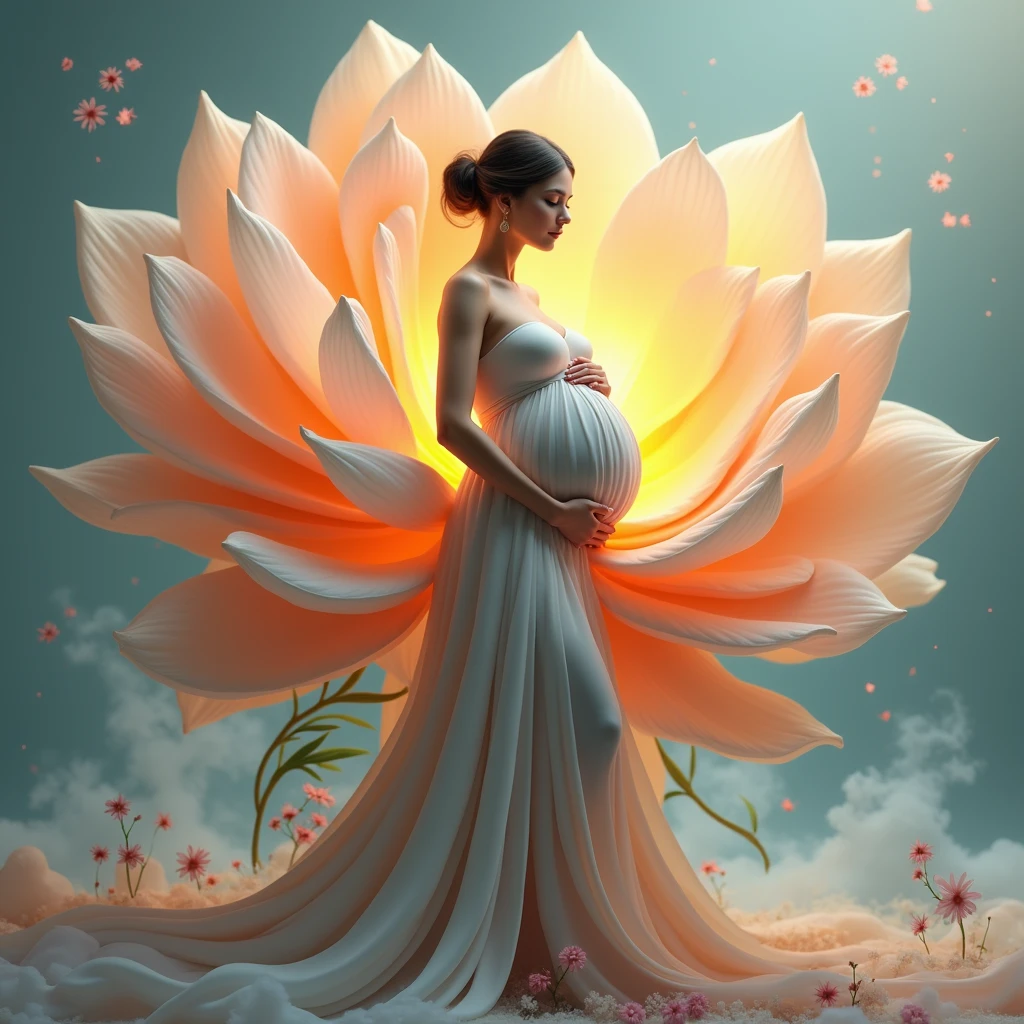 pregnant woman in blue dress standing in a large flower, digital art inspired by Igor Kieryluk, trending on cg society, digital art, maternal photography 4 k, perky woman made of petals, pregnant belly, stunning elegant pose all pose different , flower goddess, lady with glowing flowers dress, maternity feeling, dressed in a flower dress, photo manipulation, beautiful and graceful, pregnant, leaf flowing in air, cloudy effect  some flowers leaf 
