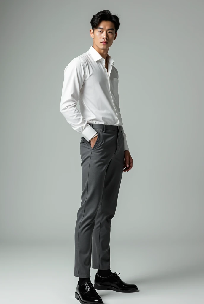 a tall lean muscular asian male model, detailed face, beautiful detailed eyes, beautiful detailed lips, extremely detailed eyes and face, long eyelashes, white dress shirt, charcoal grey dress trousers, black oxford dress shoes with black dress socks, high fashion, dynamic pose, studio lighting, 8k, best quality, photorealistic