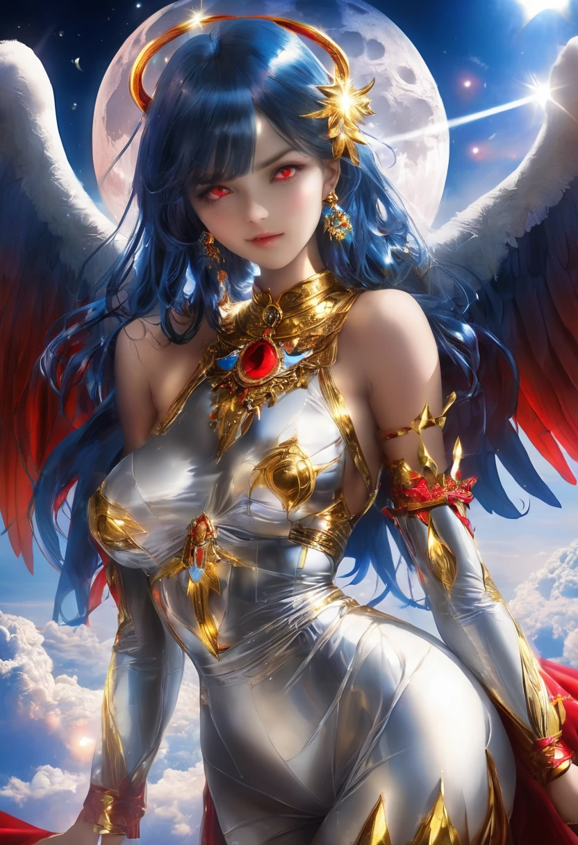young girls flying silver gold suit with magic wings huge moon and giant red full sun of enchantment red giant moons blue silver gold suit