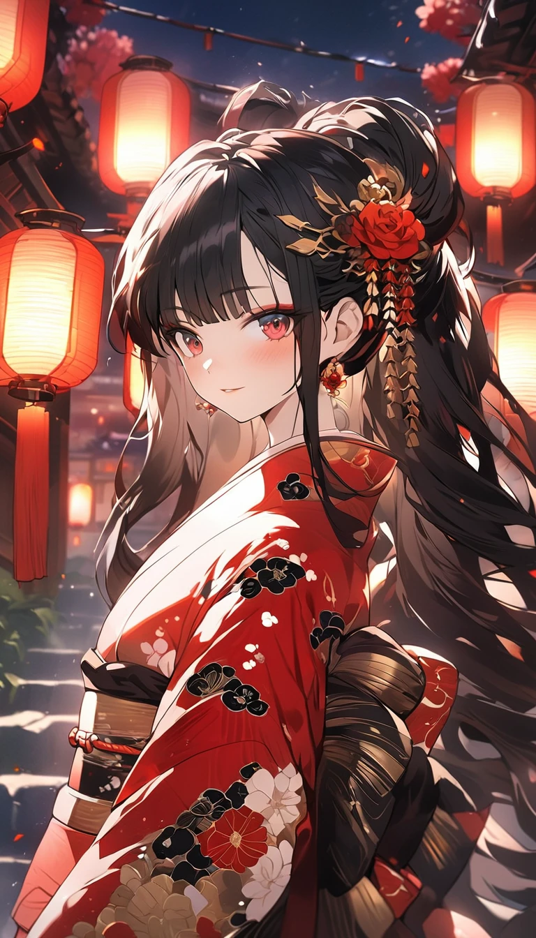 masterpiece, anime girl in kimono, (((kimono with red, gold and black flower details))), (((flower decorations in hair))) red flowers and lanterns, Japanese temple background, (((ornaments and background with red, black and gold details))), anime art wallpaper 4k, anime art wallpaper 8 K, anime style 4k, 4k anime wallpaper, 4k anime wallpaper, guweiz, beautiful animework art, beautiful anime art, beautiful anime girl, long hair, jet black hair, guweiz masterpiece