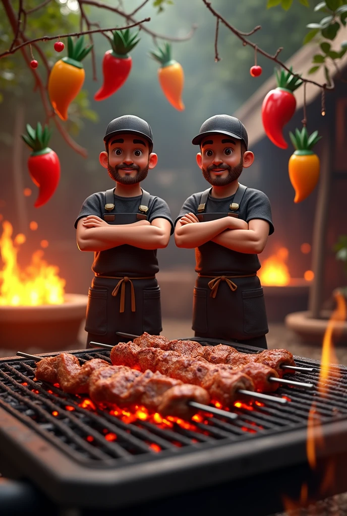 Create a BBQ-themed Instagram logo, ember, fire, grill, com espetos cruzando a carne e um fire de chão com carvão, 3D hanging peppers and pineapples, 真实感, two brothers in front with arms crossed, in black caps and aprons, realisitic, roasted vegetables, two people