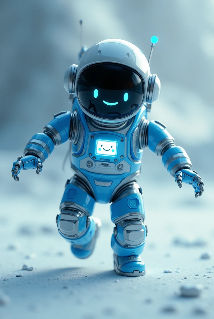 An astronaut robot, with the small blue and silver outfit, that was floating, with a little screen on his face with a happy smile