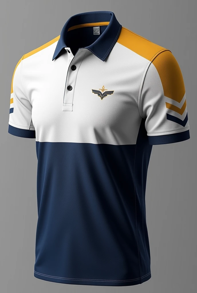 make me an organizational polo shirt for our uniform. color white, navy blue, and super less mustard. put design, graphics