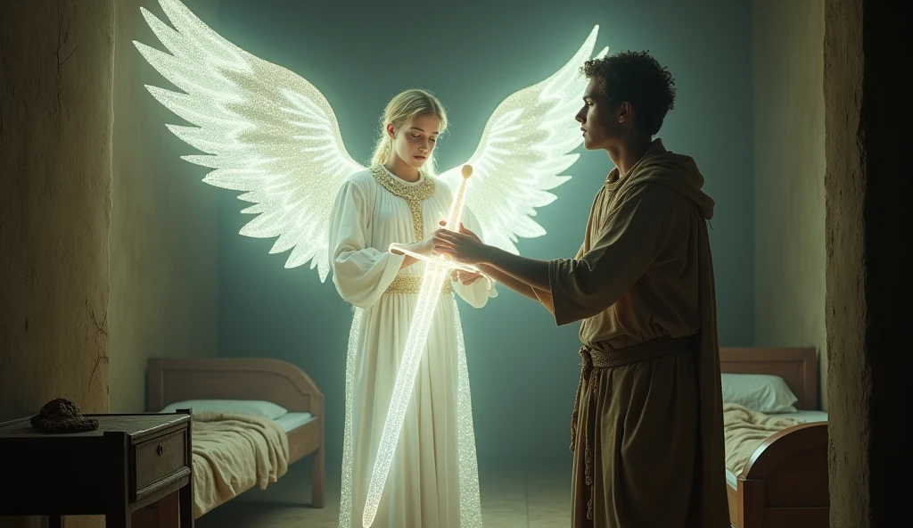 A young man, Elyon, stands in a small, humble room with a bed and a wooden table. In front of him, a majestic angel, glowing with radiant light, holds out a sword made of pure light. Elyon looks surprised and awed as he reaches out to accept the sword. The room is dimly lit, with the only source of illumination coming from the angel and the sword, (best quality,8K:1.2,High resolution:1.2),ultra-detailed,realistic, extremely detailed face,