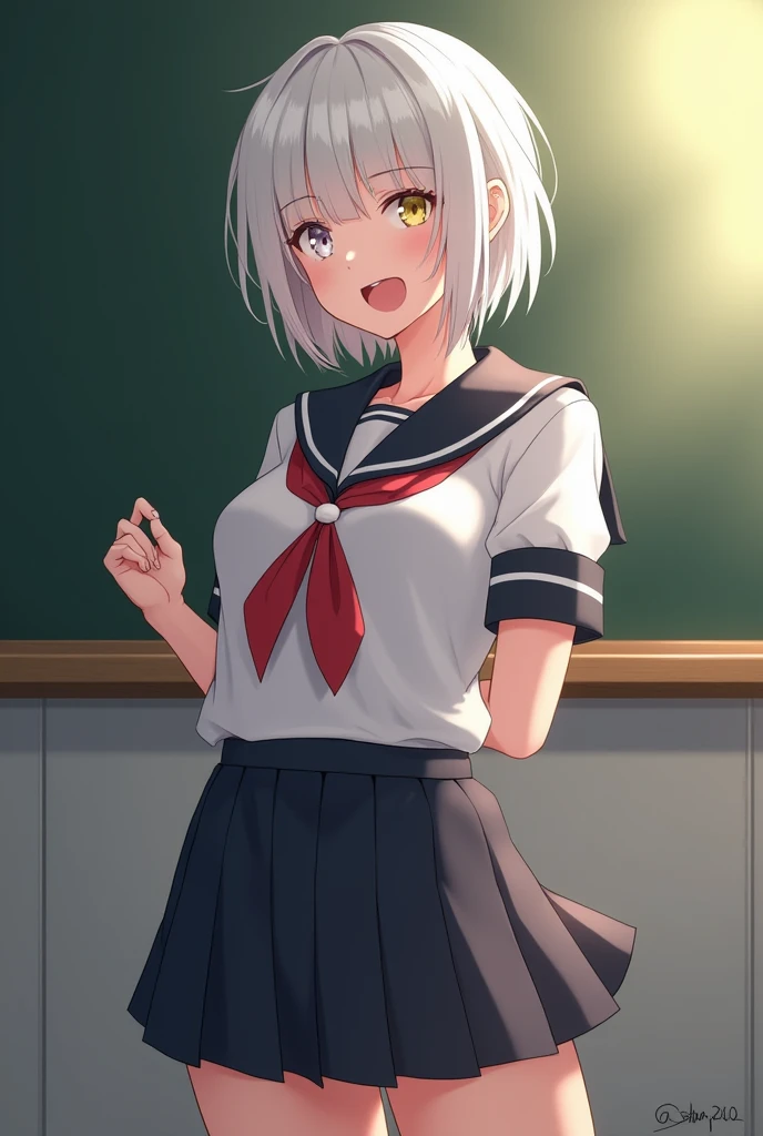 (masterpiece), best quality, high quality, 1female, medium breasts, nice hips, white hair, short hair, messy hair, one white eye, one yellow eye, in a classroom, school uniform, standing, underboob, moaning, tongue out, steamy breath.
1male, big penis, anal sex, cold nipple, wet panties, against the wall, moaning, heart shaped eyes, female against the wall, from behind, panties down