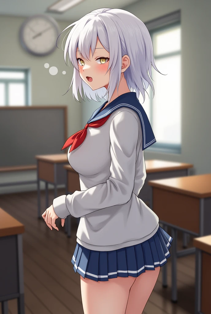 (masterpiece), best quality, high quality, 1female, medium breasts, nice hips, white hair, short hair, messy hair, one white eye, one yellow eye, in a classroom, school uniform, standing, underboob, moaning, tongue out, steamy breath.
1male, big penis, anal sex, cold nipple, wet panties, against the wall, moaning, heart shaped eyes, female against the wall, from behind, panties down