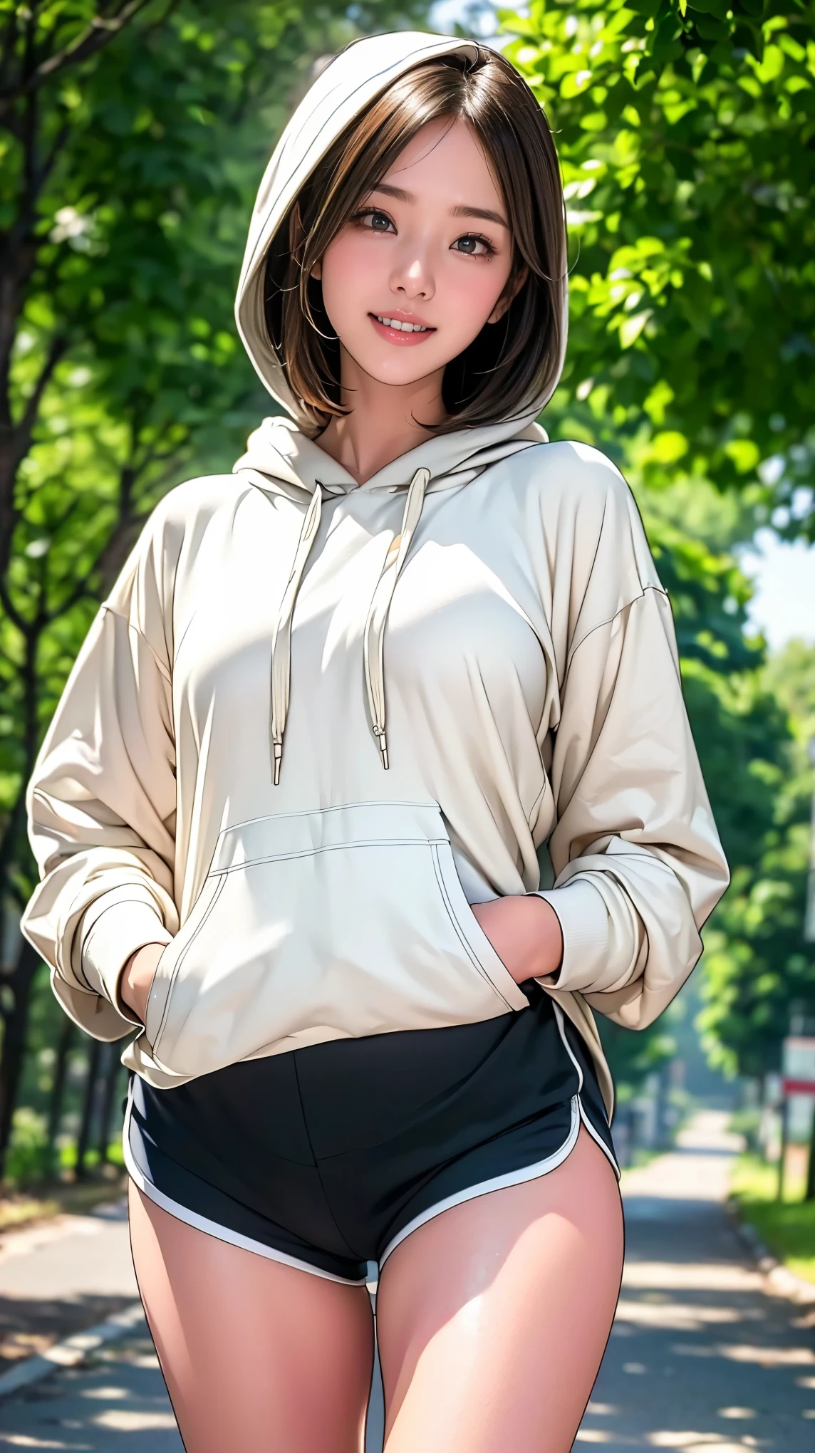 Realistic、masterpiece、Highest quality、Best image quality、One Woman、Super Short Hair、Natural Makeup、More eyelashes、Laugh shyly、(Close up on face:1.2)、Japanese schoolgirl、On a country road in the early morning when the weather is good、(A simple white hoodie、There are two strings:1.5)、(Fitted white dolphin shorts:1.3)、(Camel Toe:1.3)、Blur the background、(Cowboy Shot:1.3)、(View the subject from below:1.3)