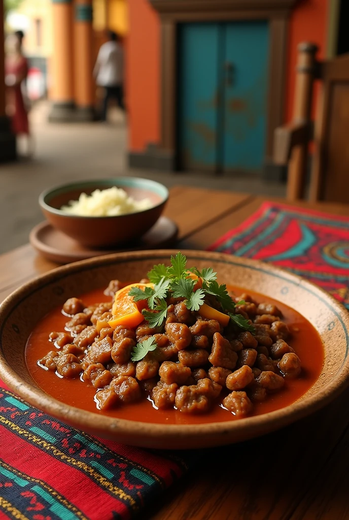 Give me ethiopian traditionl ketfo food with amazing cultural view for my resturant front picture