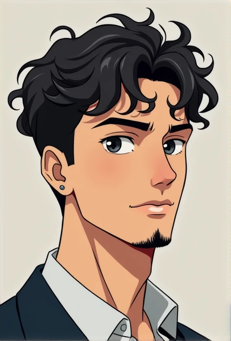 Anime young Man 17-19 yo of medium height, just from the waist up, curly hair, looking straight ahead, goatee and mustache. image without background. White skin