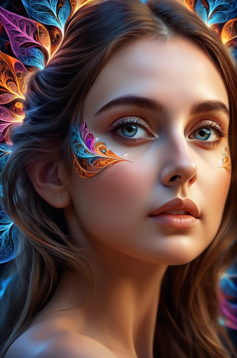 a beautiful girl in an abstract fractal art, detailed face, detailed colorful fractal patterns, best quality, 1girl, artsy, aesthetic, masterpiece, (best quality,4k,8k,highres,masterpiece:1.2),ultra-detailed,(realistic,photorealistic,photo-realistic:1.37),intricate fractal patterns,ethereal,dreamlike,vibrant colors,delicate facial features,elegant pose,serene expression,cinematic lighting,digital art